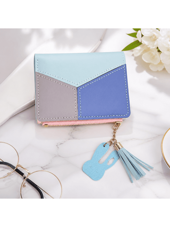 Womens Small Bifold RFID Wallet with ID Window Compact Credit Card Holder with Zippered Coin Pocket, Tassel Accent, and Slim Profile for Everyday Carry (Blue Grey)