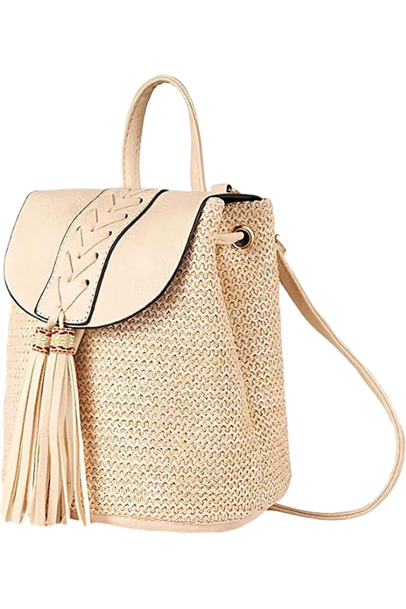 Women's Small Canvas Backpack Summer Handmade Weave Beach Bag Schoolbag Rucksack Bohemian Style Drawstring Shoulder Bag