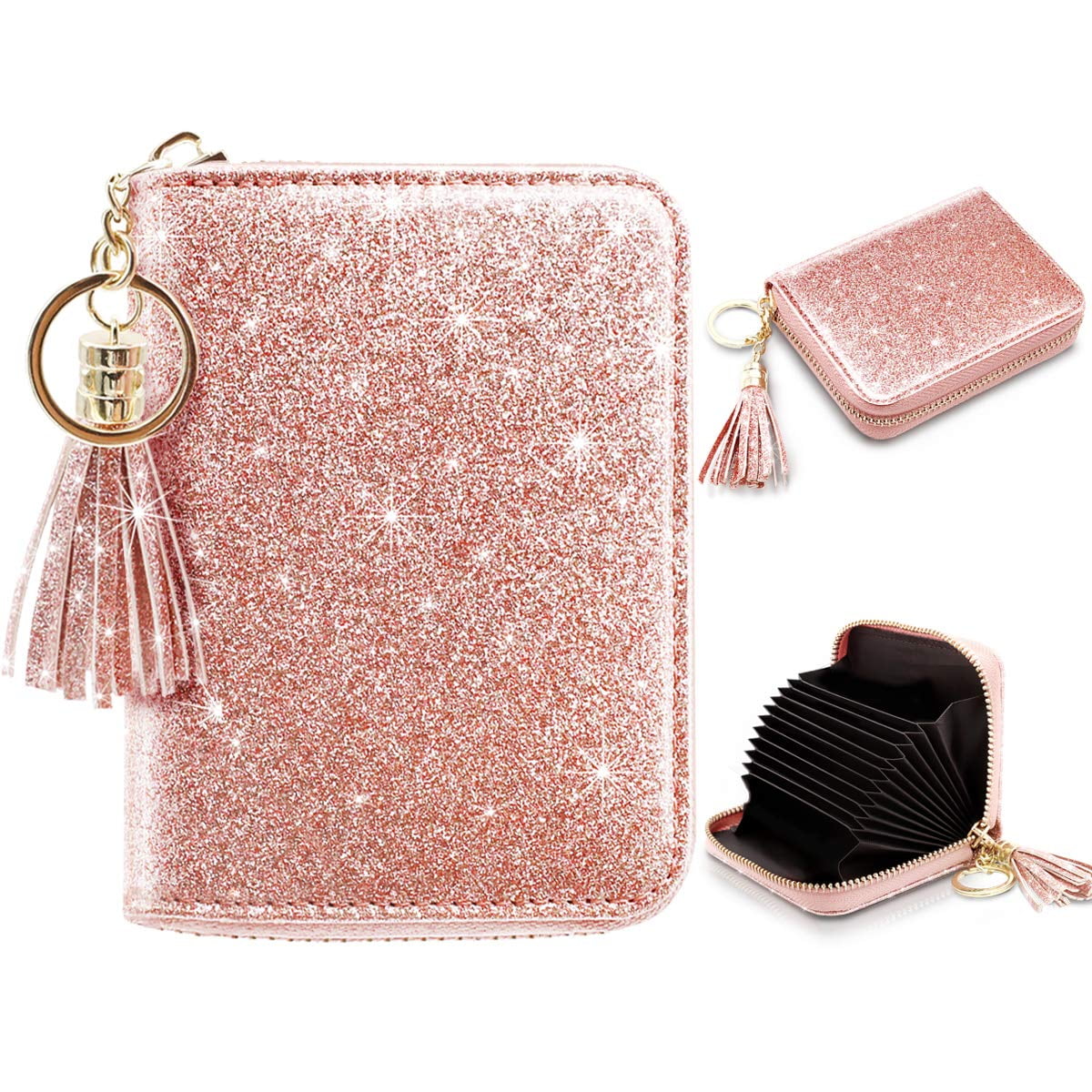 Women's Small Credit Card Wallet RFID Glitter Bling Cute Accordion Card
