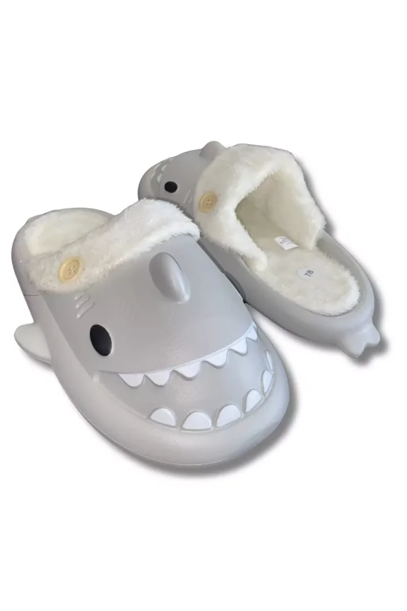 Women's Small, Gray Shark Slides with Fur Lining - Cozy Plush, Cute Slip-On Slippers xmas