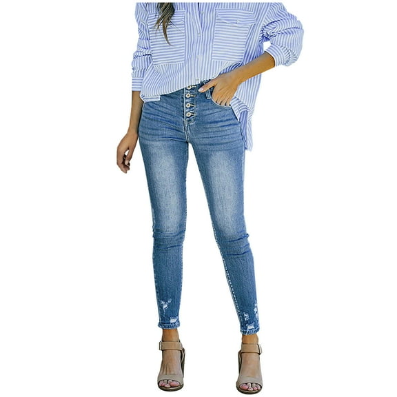 Women's Small Leg Denim Pants Solid Casual Slimming Mid Waist Jeans