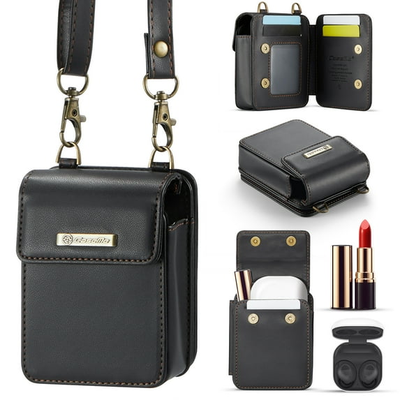 Women's Small Mini Size Crossbody Bag Purse with Shoulder/Wrist Strap Lanyard, RFID Blocking Credit Card Holder Slots, PU Leather Lightweight Phone Bag for Galaxy Z Flip 6/5/4/3 & Moto Razr, Black