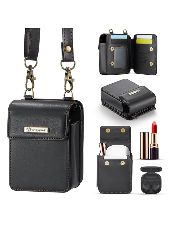 Women's Small Mini Size Crossbody Bag Purse with Shoulder/Wrist Strap Lanyard, RFID Blocking Credit Card Holder Slots, PU Leather Lightweight Phone Bag for Galaxy Z Flip 6/5/4/3 & Moto Razr, Black