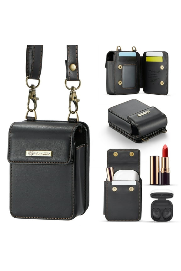 Women's Small Mini Size Crossbody Bag Purse with Shoulder/Wrist Strap Lanyard, RFID Blocking Credit Card Holder Slots, PU Leather Lightweight Phone Bag for Galaxy Z Flip 6/5/4/3 & Moto Razr, Black