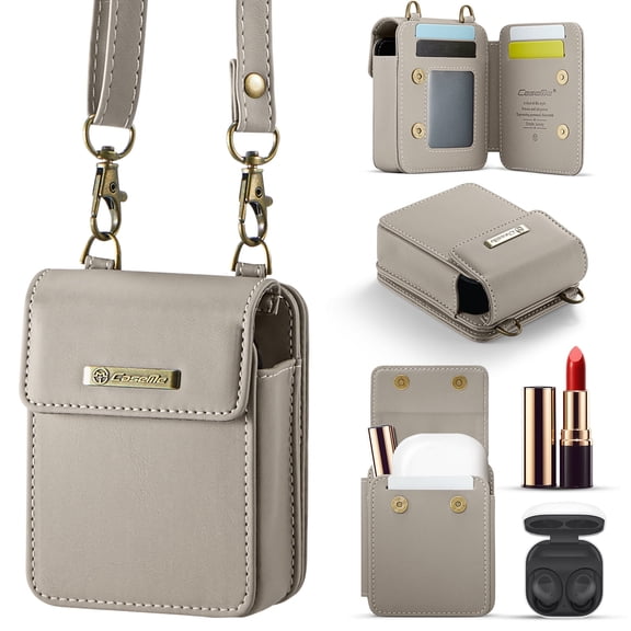 Women's Small Mini Size Crossbody Bag Purse with Shoulder/Wrist Strap Lanyard, RFID Blocking Credit Card Holder Slots, PU Leather Lightweight Phone Bag for Galaxy Z Flip 6/5/4/3 & Moto Razr, Gray