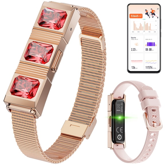 Women's Smart Bracelet (Dual Straps), Fitness Tracker, Fashion Ruby Strap with Message/Call Notifications (Gold)