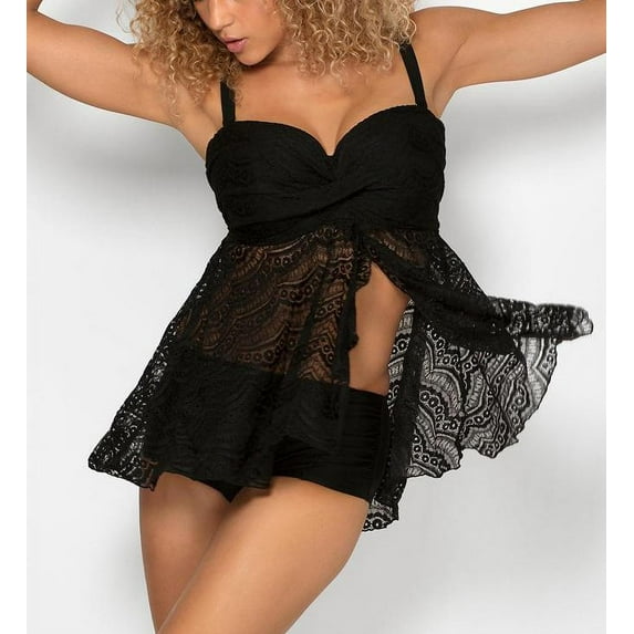 Women's Smart and Sexy SA623 Full Busted Ruffle Twist Bandeau Tankini Swim Top (Black 36DD)