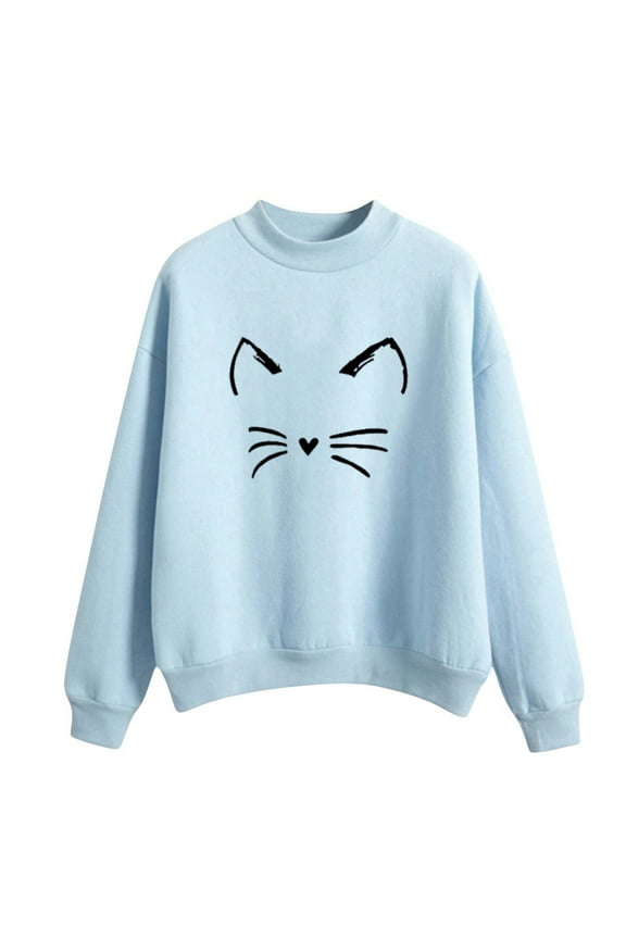 Women's Smile Cat Face Cat Graphic Sweatshirt Crewneck Lightweight Loose Long Sleeve Pullover Loose Casual Fall Tops