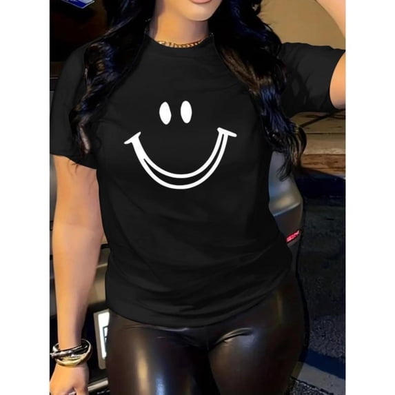 Women's Smiley Face Graphic Comfortable T Shirt Casual Cotton Short Sleeve Round Neck Top Black S-5XL