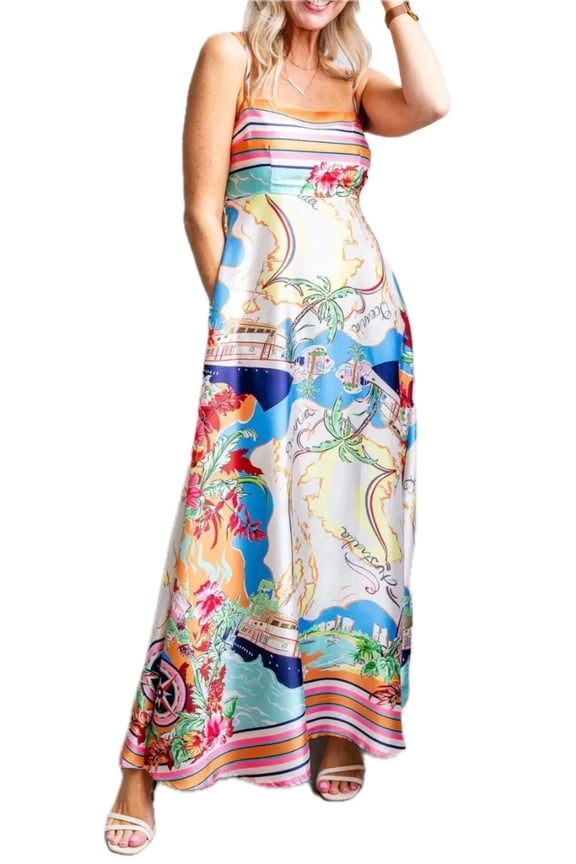 Women's Smocked Back Printed Square Neck Maxi Cami Dress with Pockets for Everyday Wear 95% Polyester 5% Elastane