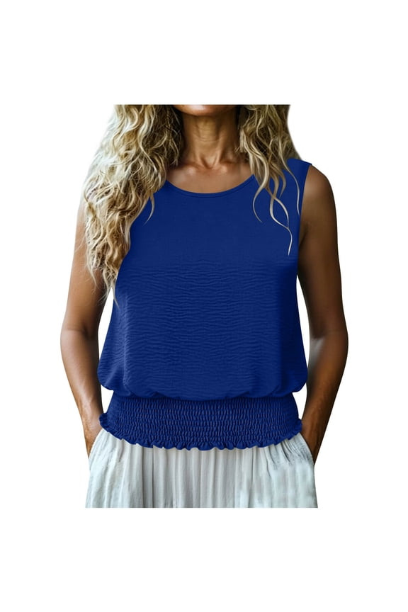 Women's Smocked Banded Bottom Tank Top Summer Cute Crew Neck Sleeveless Tee Tank Loose Fit Casual Daily Wear Shirts Blue