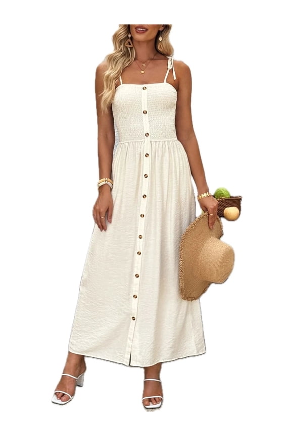 Women's Smocked Button Front Tie Shoulder Dress with Partial Lining 88% viscose 12% polyamide Knee Length Chic