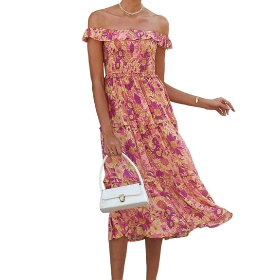 Women's Smocked Chest Ruffle Strap Floral Print Ruffle Hem Maxi Dress- Small, Pink