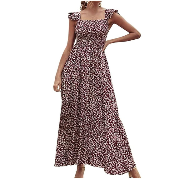 Women's Smocked Dresses Summer Ruffle Strap Boho Floral Maxi Dress Square Neck Flowy Beach Party Long Dress