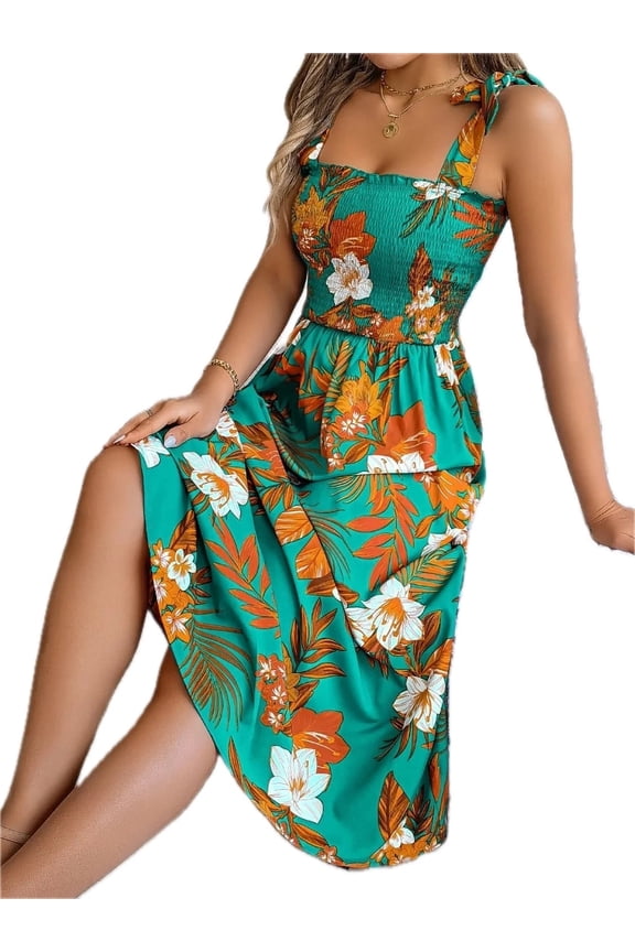 Women's Smocked Floral Tie Shoulder Midi Dress 100% Polyester Fabric Lightweight Elegant Look Feminine Draping