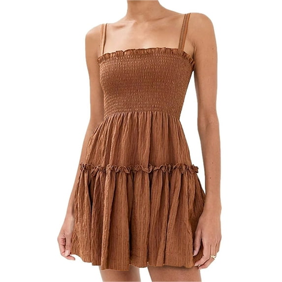 Women's Smocked Frill Cami Mini Dress with Tiered Ruffles and Stretch Polyester 100% Fabric for Summer Occasion