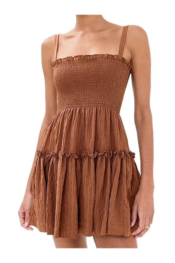 Women's Smocked Frill Cami Mini Dress with Tiered Ruffles and Stretch Polyester 100% Fabric for Summer Occasion