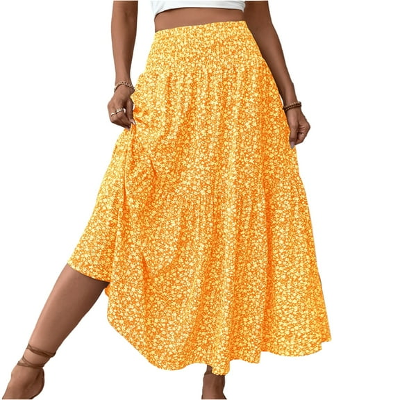 Women's Smocked High Waist Maxi Skirt Casual Boho Long Skirts with Pockets Yellow S