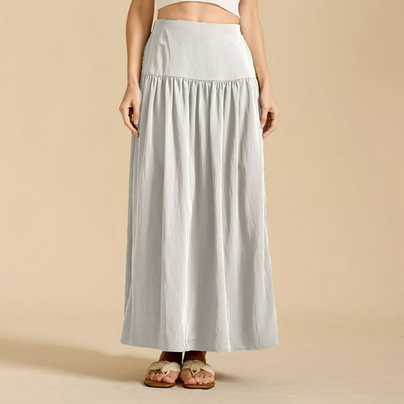 Women's Smocked High Waist Maxi Skirt Casual Boho Long Skirts with Pockets White M