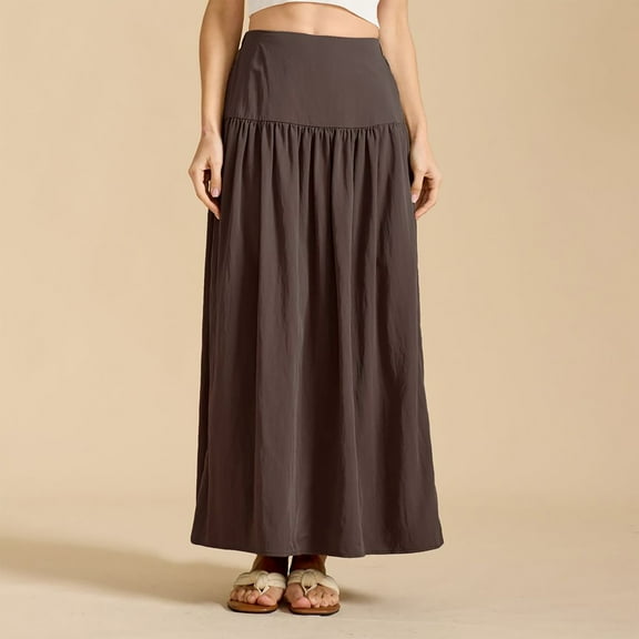 Women's Smocked High Waist Maxi Skirt Casual Boho Long Skirts with Pockets Coffee L