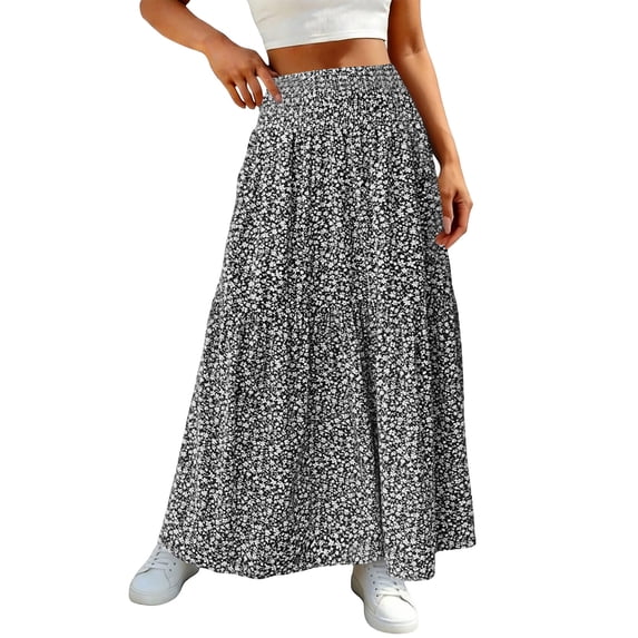 Women's Smocked High Waist Maxi Skirt Casual Long Skirts with Pockets