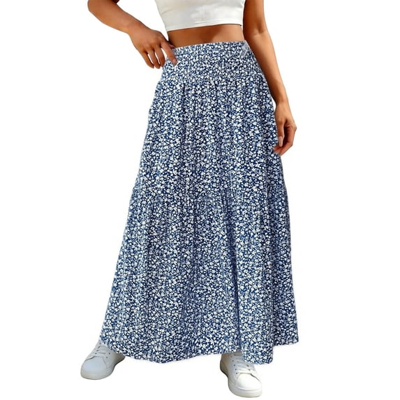 Women's Smocked High Waist Maxi Skirt Casual Long Skirts with Pockets