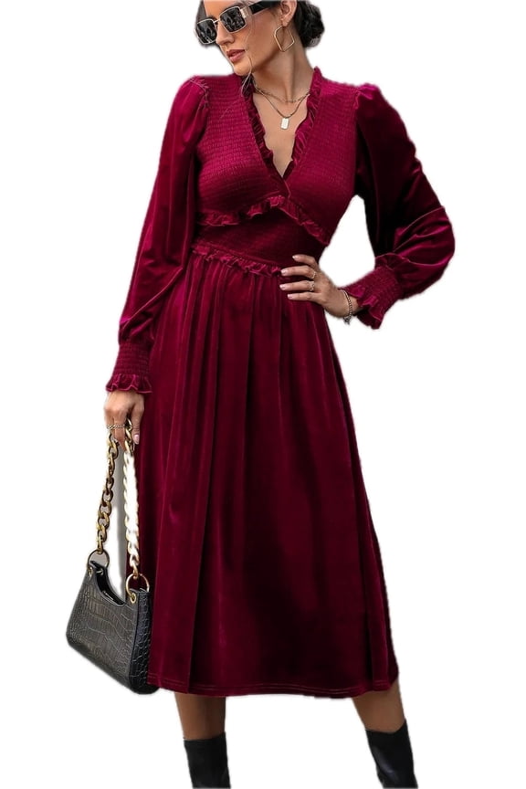 Women's Smocked Lantern Sleeve Midi Dress 95% Polyester 5% Elastane Sheer Bodice and Stretch for Everyday Wear