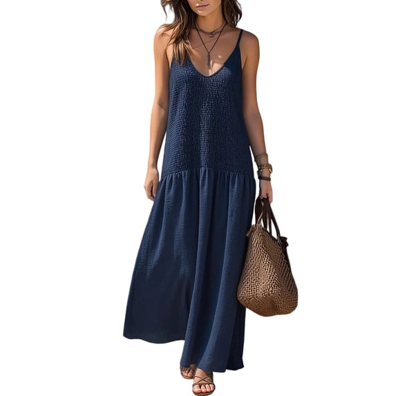 Women's Smocked Maxi Dress, Sexy Cross Backless Spaghetti Strap Long Dresses, Loose Fit Crinkle Summer Beach Vacation Boho Sundress