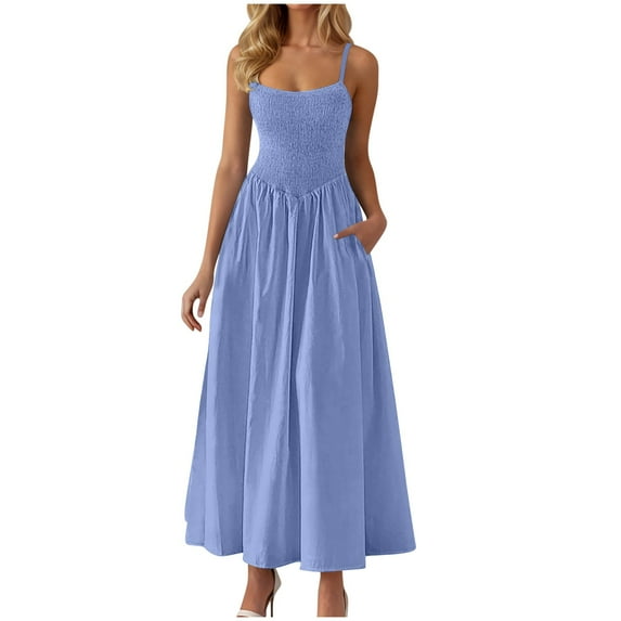 Women's Smocked Maxi Dress - Spaghetti Strap Scoop Neck, Flowy Beach Sundress with Pockets & Ruffle Hem, Casual A-Line Swing Dress