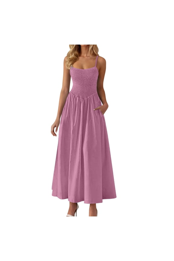 Women's Smocked Maxi Dress - Spaghetti Strap Scoop Neck, Flowy Beach Sundress with Pockets & Ruffle Hem, Casual A-Line Swing Dress
