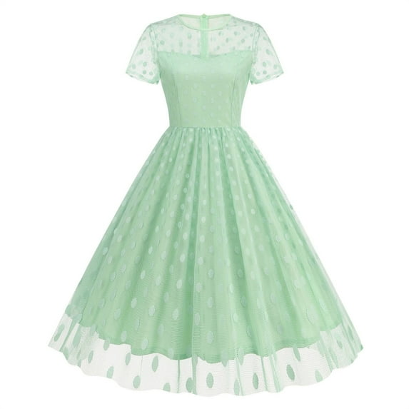 Women's Smocked Midi Tulle Dress 2025 Summer Puffy Short Sleeve Square Neck Ruffle Wedding Guest Party Dresses Green XL