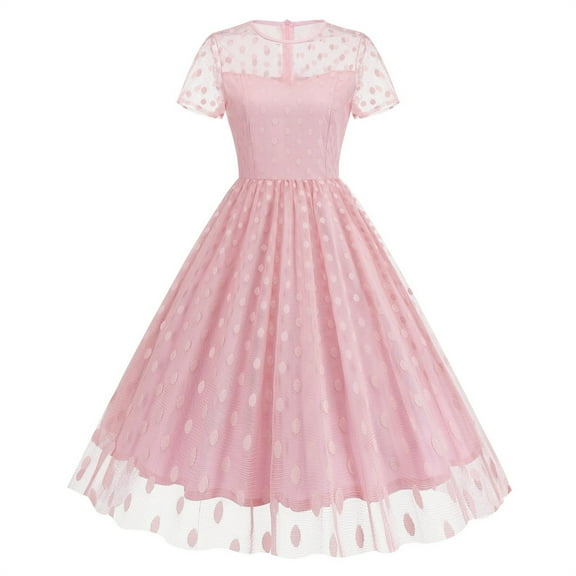 Women's Smocked Midi Tulle Dress 2025 Summer Puffy Short Sleeve Square Neck Ruffle Wedding Guest Party Dresses Pink M