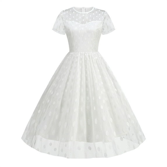 Women's Smocked Midi Tulle Dress 2025 Summer Puffy Short Sleeve Square Neck Ruffle Wedding Guest Party Dresses White S