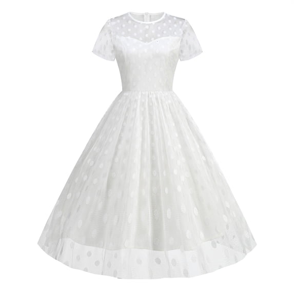 Women's Smocked Midi Tulle Dress 2025 Summer Puffy Short Sleeve Square Neck Ruffle Wedding Guest Party Dresses White XL