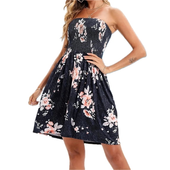Women's Smocked Printed Tube Mini Dress Polyester % 100 Fabric with Sheer Bodice Slight Stretch and Flowy Skirt
