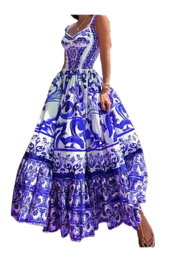 Women's Smocked Printed Wide Strap Dress With Zipper Ruched Detailing Lightweight Fabric 95% Polyester 5% Elastane