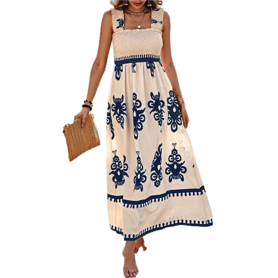 Women's Smocked Printed Wide Strap Maxi Dress Ruched Sheer Bodice Opaque No Stretch 95% Polyester 5% Elastane Chic