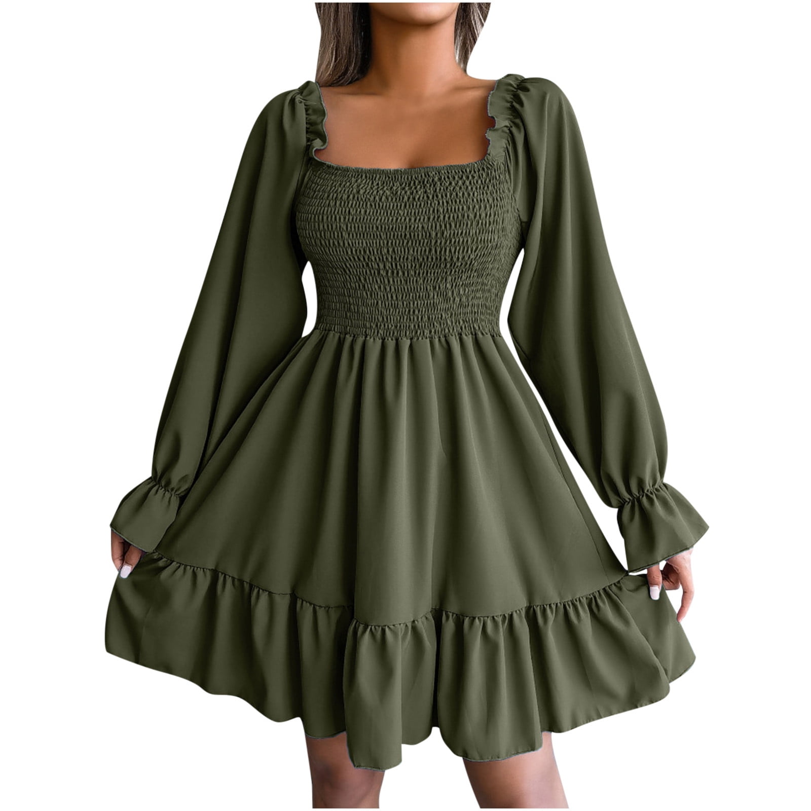 CYiNu Women's Ruched Bodycon Midi Dress - Square Neck, Long Puff Sleeves, Mesh Cocktail Party Dress 5 thumbnail image