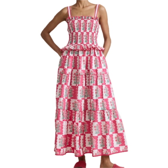 Women's Smocked Ruffled Square Neck Maxi Dress with Pockets for Everyday Wear Soft Flowing Fit 80% Polyester 20% Cotton