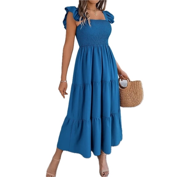 Women's Smocked Square Neck Cap Sleeve Midi Dress for Summer Events Flowy Fit Easy Care 95% Polyester 5% Elastane