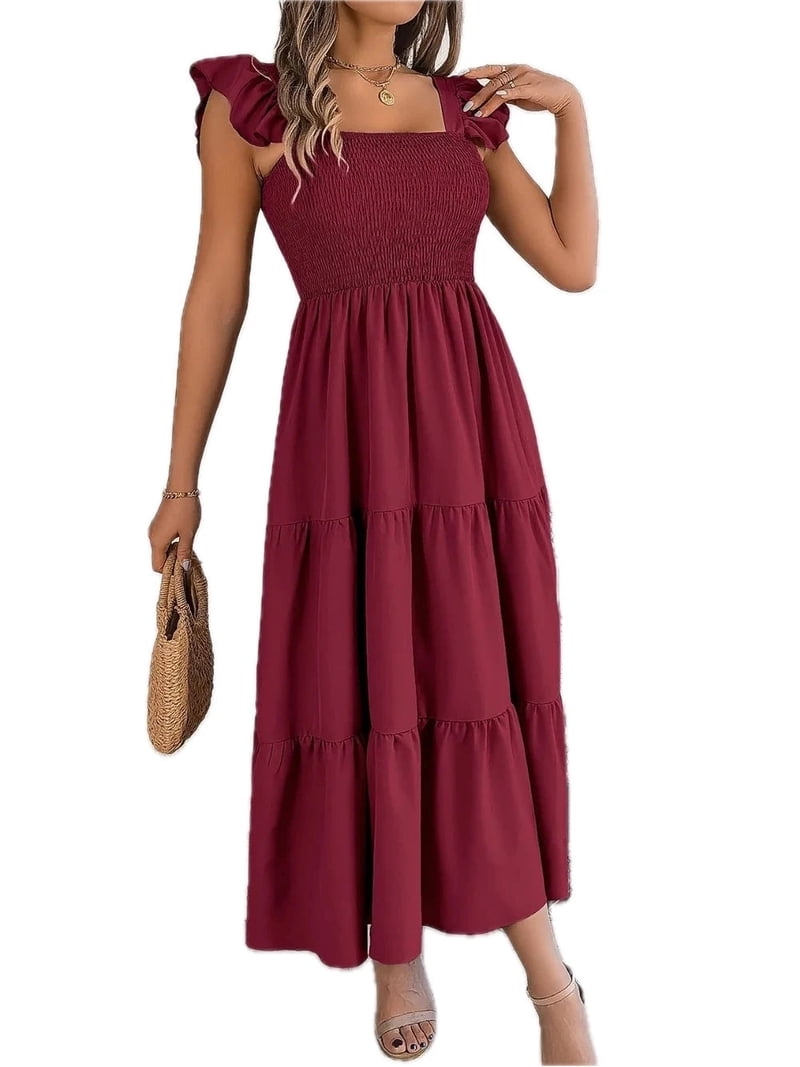 smocked square neck midi dress Whitney Smocked Square Neck Midi Dress
