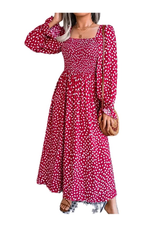 Women's Smocked Square Neck Flounce Sleeve Dress 100% Polyester Lightweight Fabric for Everyday Comfort and Style