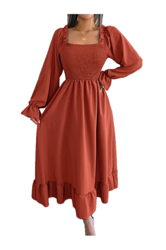 Women's Smocked Square Neck Flounce Sleeve Dress 95% Polyester 5% Elastane Lightweight Sheer Fabric Everyday Style