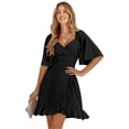 thumbnail image 1 of Women's Smocked Tie Back Ruffle Hem Dress Mini Length Surplice Neckline Flutter Sleeves Solid 100% polyester Casual, 1 of 8