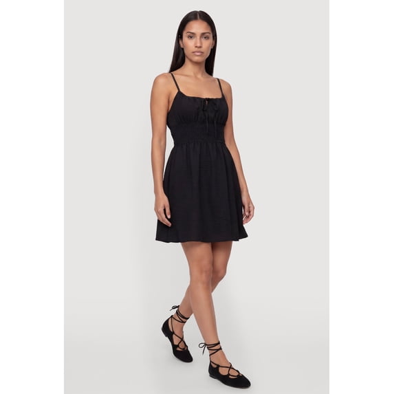Women's Smocked Tie Front Sleeveless Mini Dress