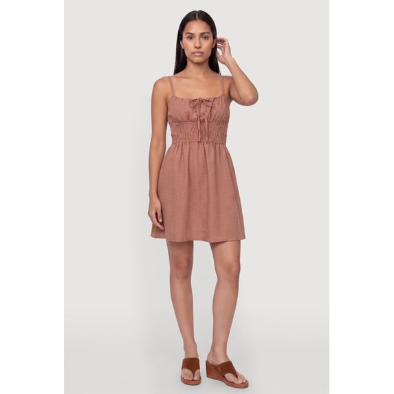 Women's Smocked Tie Front Sleeveless Mini Dress
