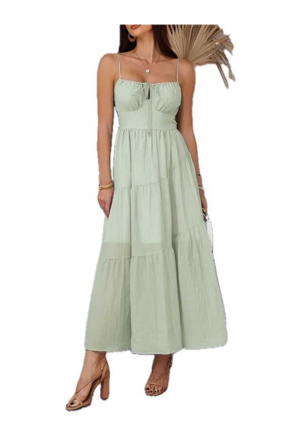 Women's Smocked Tiered Maxi Cami Dress with Sheer Overlay 70% Lyocell 30% Polyamide for Elegant Summer Events Today