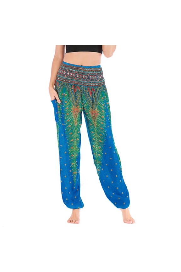 Women's Smocked Waist Harem Pants Hippie Boho Yoga Palazzo Casual Pants Dark Blue Free Size