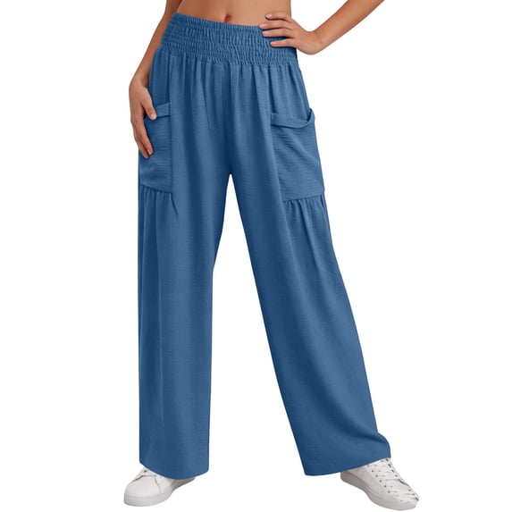 Women's Smocked Waist Pants Fashion Casual Solid Color Pants Pocket Elastic Waist Comfortable Fold Long Pants