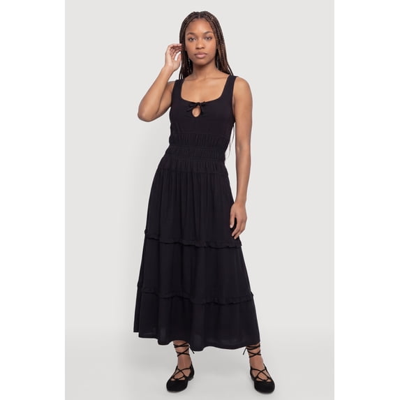 Women's Smocked Waist Ruffle Trim Midi Dress